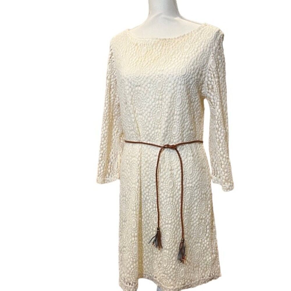Sharagano Lacy Bell Sleeve Tassel Belted Crochet Dress Bone White Size 12